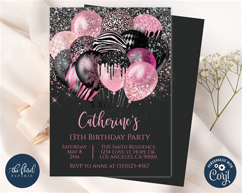 pink and black birthday invitations